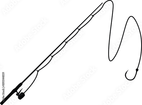 Black fishing rod with line and hook silhouette for maritime adventure and outdoor sport recreation design concepts isolated on white background