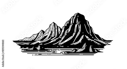 Bold black-and-white illustration of a dramatic mountain range in a hand-drawn or woodcut style