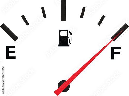 Automotive fuel gauge indicator showing a full tank for energy supply and transportation logistics design concepts isolated on a white background