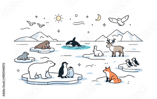 Arctic Wildlife Serenity. Arctic wildlife and survival in cold environments. A wide icy landscape with animals scattered across snow and ice, vast space and