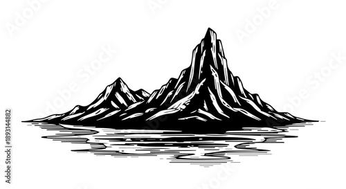 Black and white illustration of a dramatic mountain range with a central peak