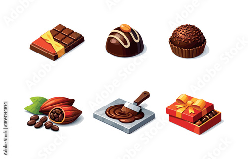Artisan Chocolate Icons. Handcrafted Chocolates. Isometric flat vector icons set of Handcrafted Chocolates: artisan chocolate bar, hand-molded praline,