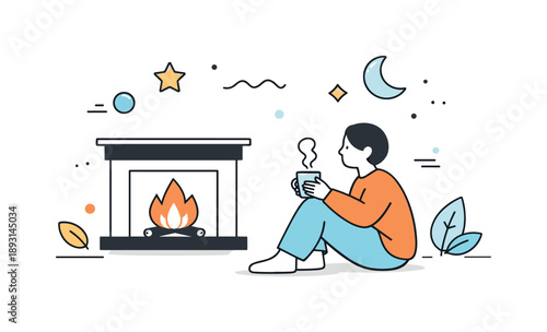 Cozy Fireplace Moments. Sitting by fireplace. A person relaxing near a fireplace, enjoying warmth and quiet time. Cozy atmosphere and peaceful rest with