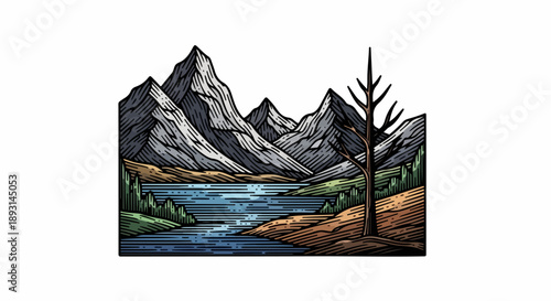 Illustration of a tranquil mountainous landscape with a solitary tree and dense forest