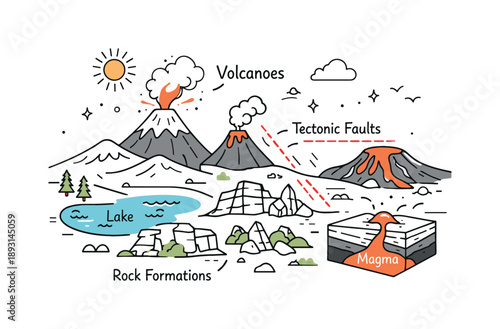 Volcanic Geology Map. Volcanic landscapes and geological formations. A simplified map-style illustration highlighting volcanoes, tectonic lines, and rock