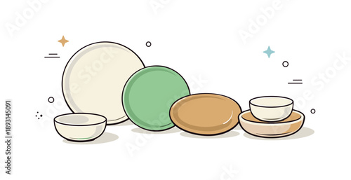 Minimalist Ceramic Dinnerware. Earthy ceramic plates. An editorial scene showing a stoneware dinnerware set with various sizes, from large dinner plates to