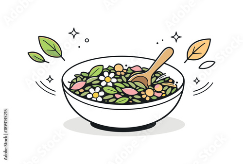 Herbal Tea Harmony. Organic herbal tea blends. Loose herbal tea leaves and dried flowers are gently mixed in a bowl, showing natural textures and freshness.