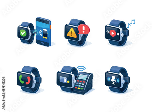 Smartwatch Connectivity Icons. Connected devices. Isometric flat vector icons set of connected devices: smartwatch with smartphone pairing,