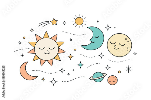 Celestial Whimsy Scene. Celestial whimsigoth style. Suns, moons, and stars float gently around an abstract space, suggesting astrology and spiritual curiosity.