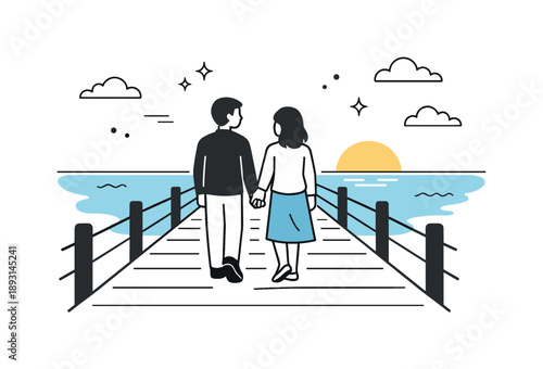 Seaside Stroll Serenity. Romantic seaside moment. Two people strolling side by side on a long pier, lightly touching hands while looking toward the horizon.