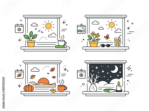 Seasonal Window View. Slow seasonal change concept. A window view where light, plants, and weather gradually shift across the scene. Quiet observation,