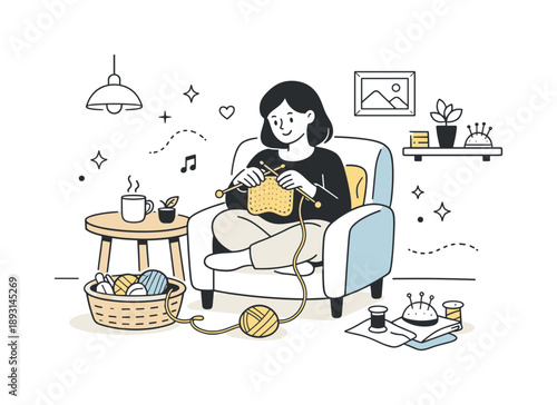 Cozy Home Knitting. Creative hobbies. A cozy scene of someone knitting or sewing while sitting comfortably at home. Slow creativity and mindful relaxation