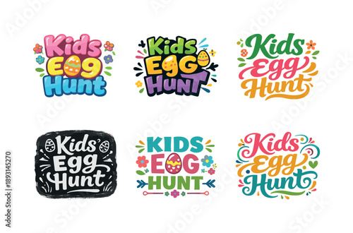 Playful Egg Hunt Designs. Kids Egg Hunt. Set lettering. harmonious lettering variations of the same emblematic concept, each with different artistic