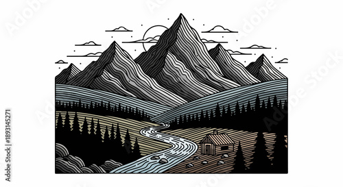 Serene mountainous landscape with a rustic wooden cabin near a winding river