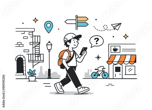 Curiosity on Urban Streets. Urban exploration walk. A person follows a map or phone through lesser-known streets, highlighting curiosity and discovery in