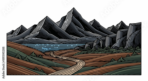 Rugged mountainous landscape with winding river and sparse vegetation