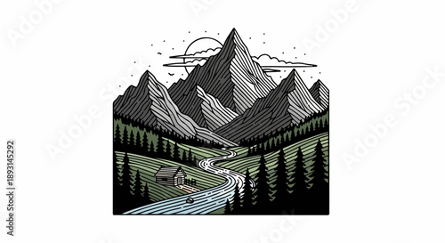 Nighttime landscape with mountains, forest, and a cabin under a crescent moon