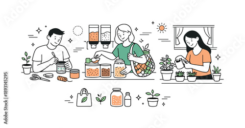 Sustainable Living Harmony. Low-waste lifestyle scene. Individuals repurposing items, shopping in bulk with containers, and growing herbs on windowsills,