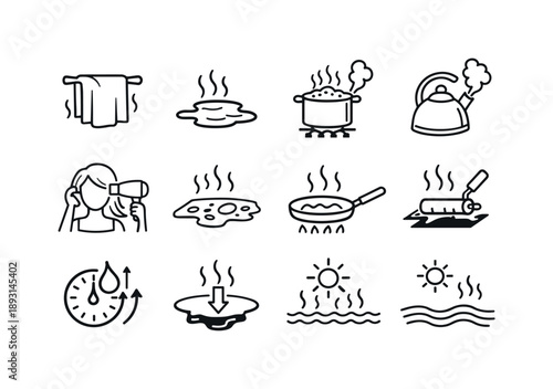 Evaporation Icons Collection. Evaporation in daily life. Line icon set of Evaporation in daily life: wet towel drying, evaporating puddle, boiling pot, kettle