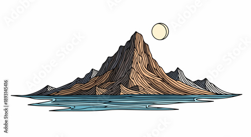 Serene mountain landscape with rugged peaks, calm water, and a crescent moon