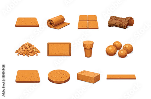 Colorful Cork Icons. Cork materials. Colorful flat vector icons set of cork materials: cork sheet, cork roll, cork tile, cork bark piece, cork granules, cork