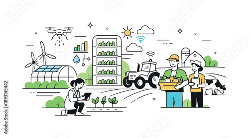 Innovative Farming Future. Future of agriculture. A modern farm blends technology, nature, and people, symbolizing innovation and food security. The