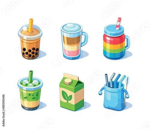 Trendy Drink Icons. Trendy Drinks. Isometric flat vector icons set of Trendy Drinks: bubble tea cup with pearls, pastel latte glass, rainbow smoothie jar, iced