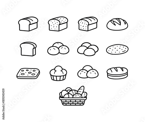 Bread Icons Collection. Bread Types. Line icon set of Bread Types: white bread, whole wheat bread, rye bread, sourdough loaf, sandwich bread, toast slice,