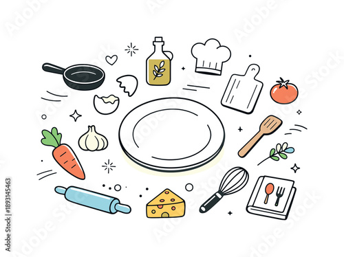 Creative Culinary Harmony. Food and cooking. An abstract editorial scene with cooking tools and food icons floating gently around a central plate.