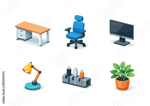 Modern Office Essentials. Workplace Refresh. Isometric flat vector icons set of Workplace Refresh: modern desk, ergonomic office chair, monitor with stand,