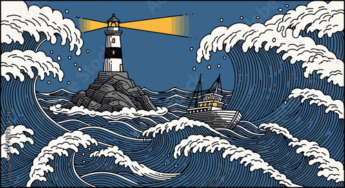 Illustration of a black-and-white striped lighthouse with a yellow lantern beam illuminating stormy seas and a three-masted ship