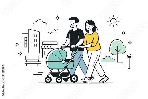 City Stroll Family. Parents pushing stroller city walk. Parents moving through an urban setting with a stroller and simple buildings around. Modern family