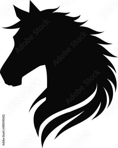 Elegant black stallion horse head silhouette profile for equestrian sports and wild nature stallion mascot design concepts isolated on white