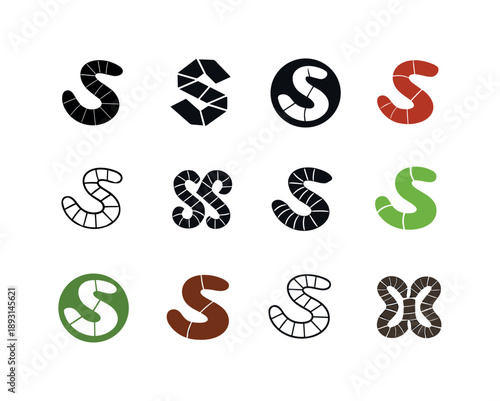 Worm Emblem Icons. Worms. Icon set. Set Logo of worms: worm emblem seal. harmonious logo variations of the same emblematic concept, each with different