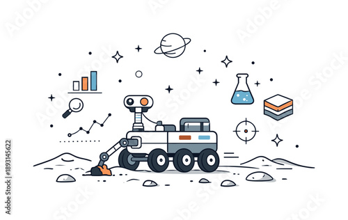 Lunar Rover Journey. Space rover exploration on a distant moon. A small autonomous rover slowly moves across an alien lunar surface, scanning the ground and