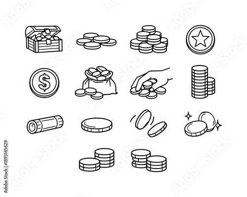 Treasure Coins Icons. Treasure Coins. Line icon set of Treasure Coins: treasure chest with coins, scattered gold coins, coin pile, coin with star, coin with