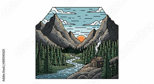 Mountain landscape illustration with cabin and river in a polygonal frame
