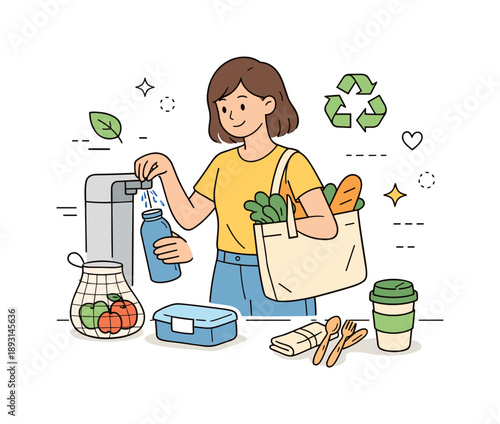 Sustainable Minimalism Scene. Sustainable minimalism ? reduced waste lifestyle. Person using reusable items like bottles or bags, simple everyday