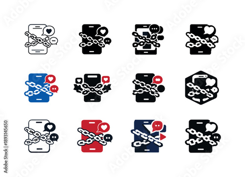 Social Media Chains. Social media addiction. Icon set. Set Logo of social media addiction: smartphone with chains and notification bubbles. harmonious logo