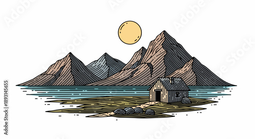 Illustration of a serene mountainous landscape with a small wooden cabin and a warm yellow sun