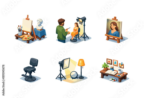 Colorful Art Studio Icons. Portrait painting. Isometric flat vector icons set of Portrait painting: classic art studio setup, painter observing