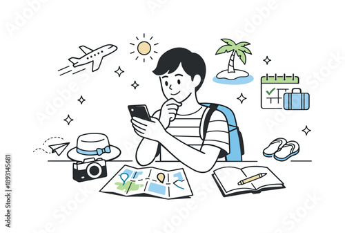 Spring Travel Planning. Spring break planning. A person looking at a map or phone, organizing travel plans and activities. The mood is optimistic, calm, and