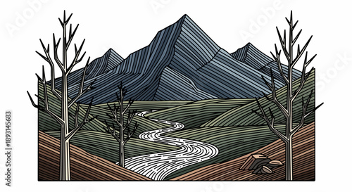 Illustration of a tranquil mountainous landscape with a winding river and leafless trees