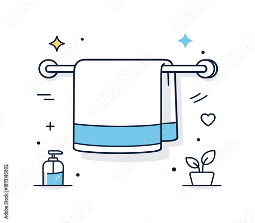 Minimalist Towel Rack. Towel rack bar. A clean bathroom interior scene with a neatly folded towel hanging on a simple wall-mounted towel bar, expressing order,