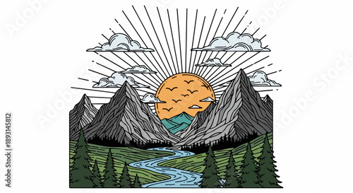 Detailed landscape illustration of a serene wilderness with dense forest, winding river, rolling hills, and majestic mountains