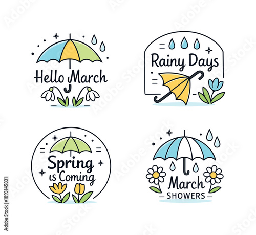 March Seasonal Emblems. March seasonal badges. Editorial-style emblems with umbrellas, droplets and first flowers, friendly symbols of rainy days and renewal.