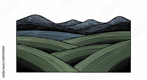 Detailed landscape illustration of rolling hills and valleys with lush green fields and distant mountains