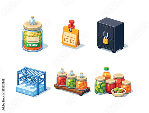 Fermentation Storage Icons. Fermentation Storage. Isometric flat vector icons set of Fermentation Storage: labeled ferment jar, date tag marker, dark storage
