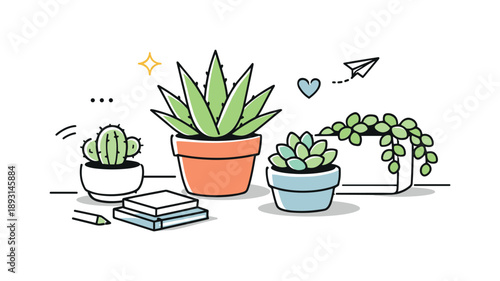 Minimalist Succulent Arrangement. Minimal indoor succulents scene. Succulent pots placed casually but neatly, soft shadows suggesting depth and calm light.