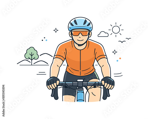 Cyclist Prepared for Journey. A cyclist adjusting their helmet before a long ride in nature ? ready to ride. Cyclist finishing helmet adjustment and placing